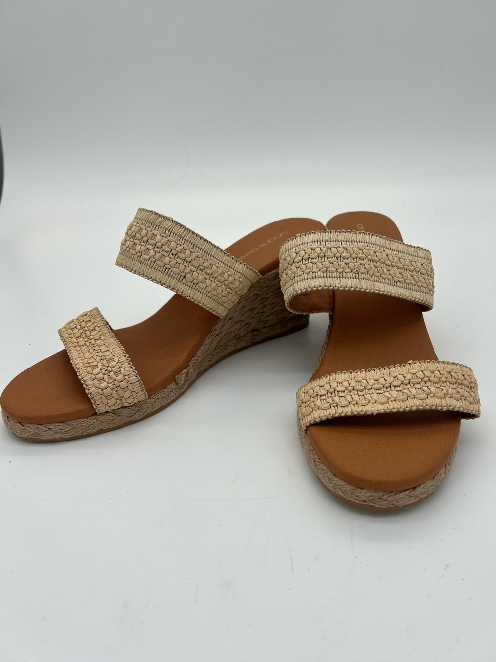 Andre Assous Woven Straw Double-Strap Wedge Sandals - Beige size 8.5